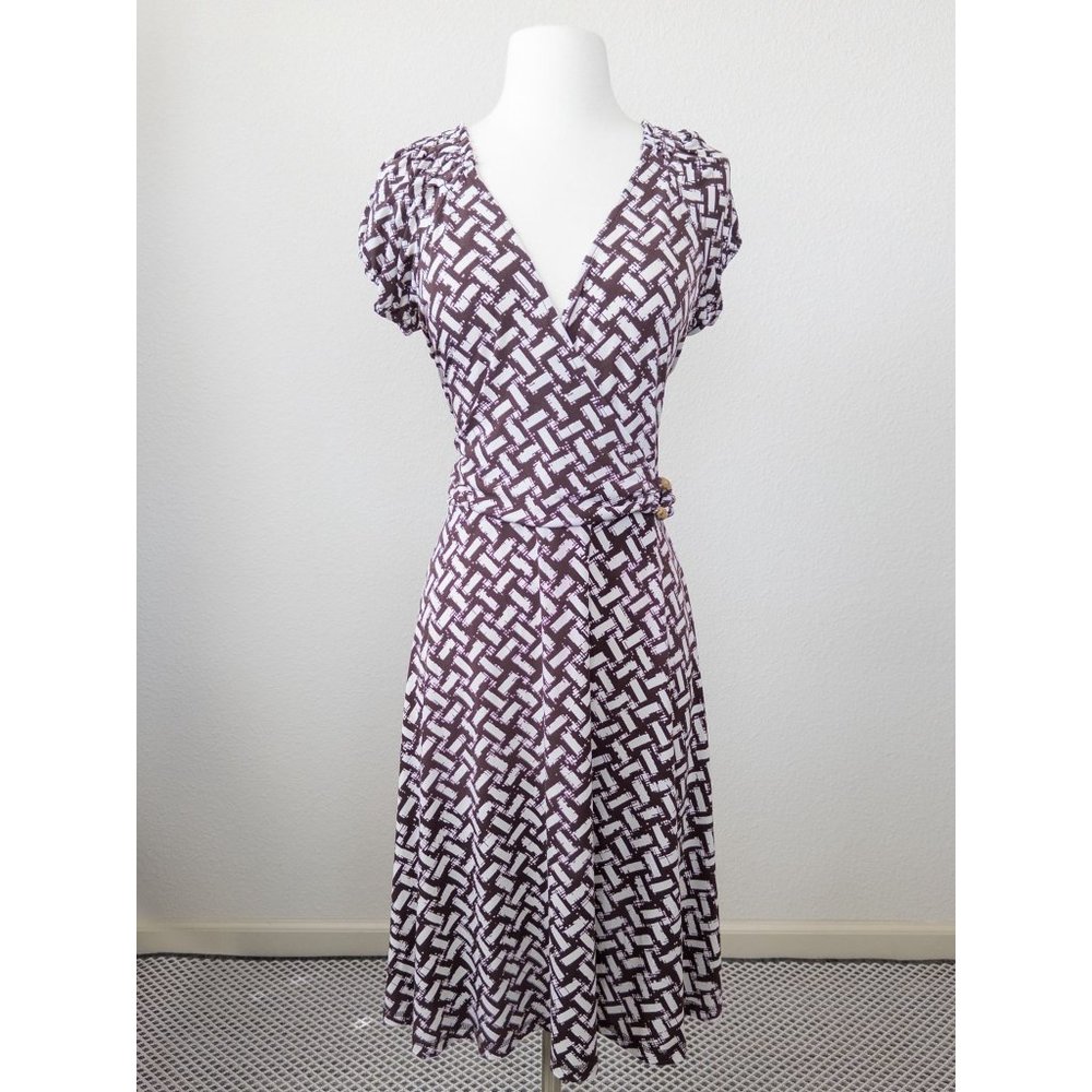 New York & Company Purple and White Geometric Wrap Midi Dress